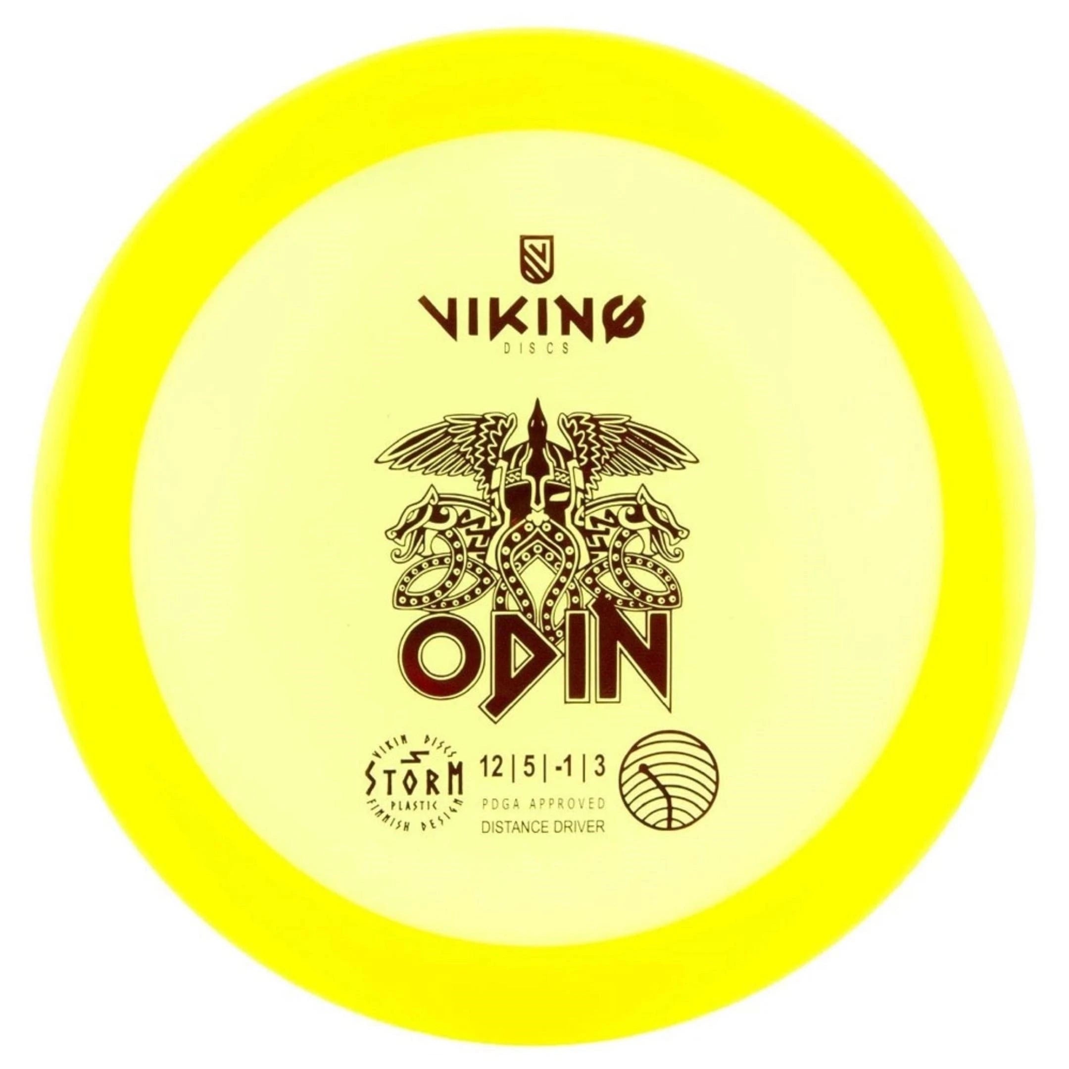 Yellow disc golf disc with Odin graphic.